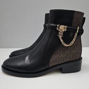 NEW Michael Michael Kors Hamilton Ankle Boot Black Brown Leather Logo Size 10
